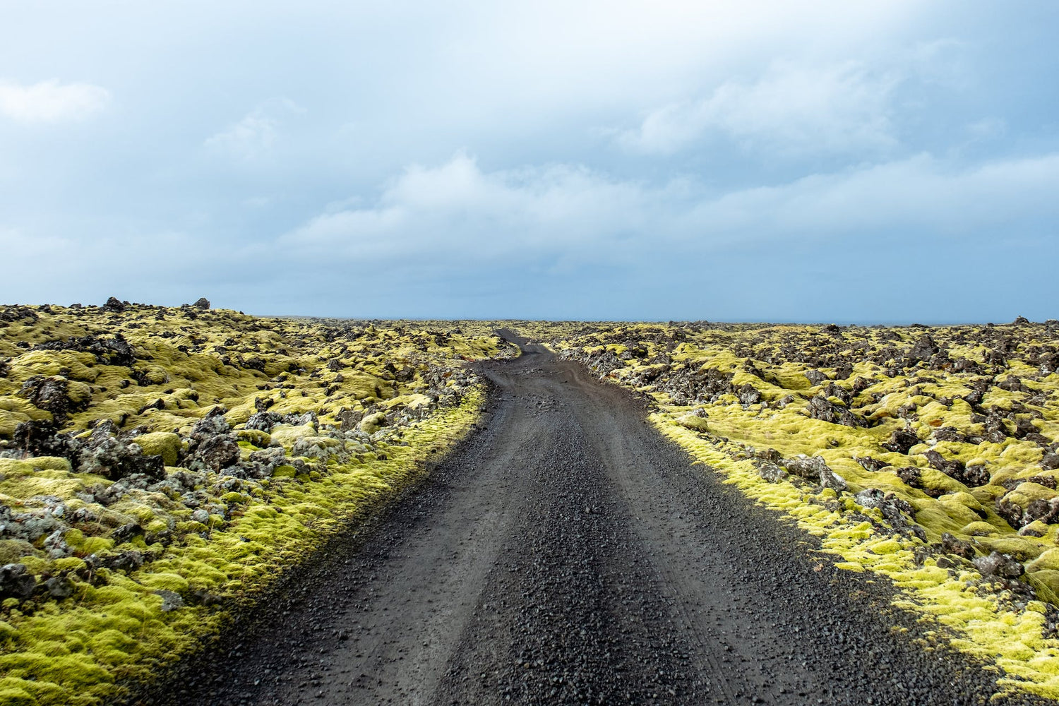 paved road amongst an open green field and blue skies