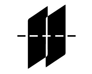 Size icon, two rectangles next to each other with a dotted line cutting through perpendicularly