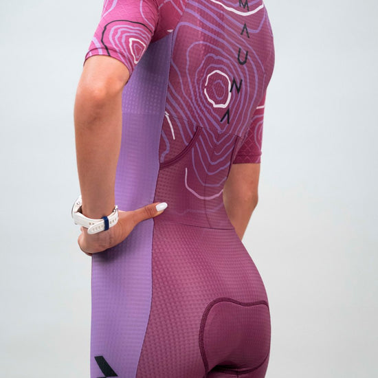 Back left side view of a woman wearing the Aero Kona Trisuit
