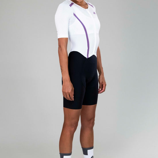 front right-side view of woman wearing Eldhraun PR RaceTrisuit