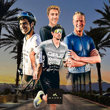 Four athletes positioned over a sunset with a road and palmtrees